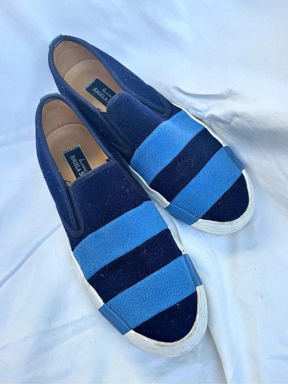 Angela Scott Striped Slip-On Sneakers in Blue & White